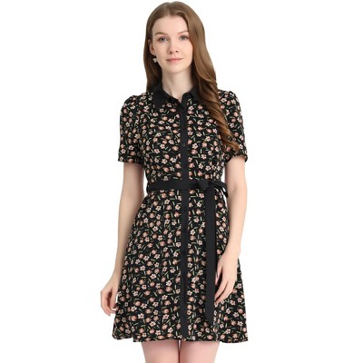 INSPIRE CHIC Women's Short Sleeve Contrast Collar Belted Floral Shirt Dress