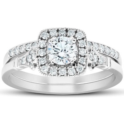 Pompeii3 3/4 CT Diamond Cushion Halo Engagement Ring Matching Wedding Band 14k White Gold