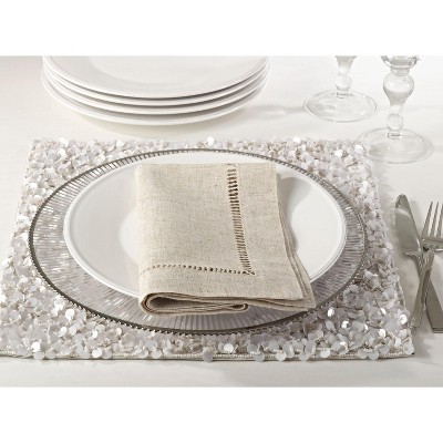 Natural Poly Linen Blend Hemstitched Dinner Napkins Set of 12