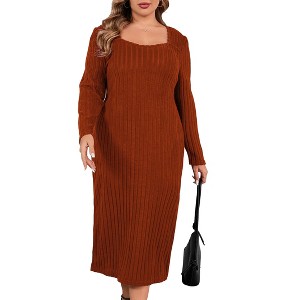 Women Plus Size Sweater Dress Sweetheart Collar Long Sleeve Casual Fall Winter Tunic Knit Midi Dress - 1 of 4