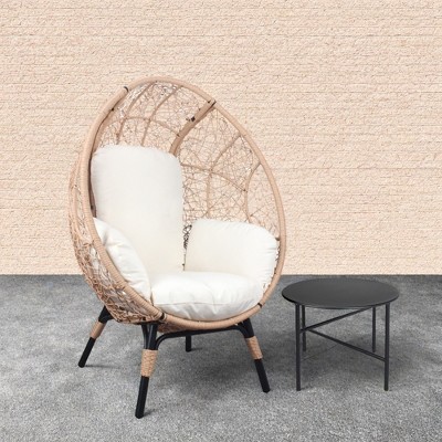 FURNIinspire Patio Seating Sets 2 Pieces Patio Egg Chairs With Black Side Table, Rattan Egg Chairs With Beige Cushion, Natural Color, 34“*37”*54“