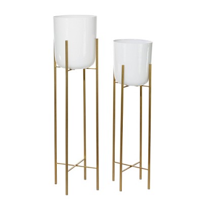 Set of 2 Tall Planters with Metal Stand White/Gold - CosmoLiving by Cosmopolitan