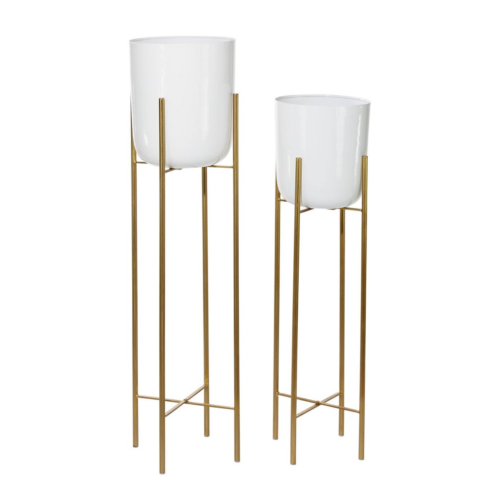 Photos - Flower Pot Set of 2 Tall Planters with Metal Stand White/Gold - CosmoLiving by Cosmopolitan: Indoor Freestanding Iron Pots
