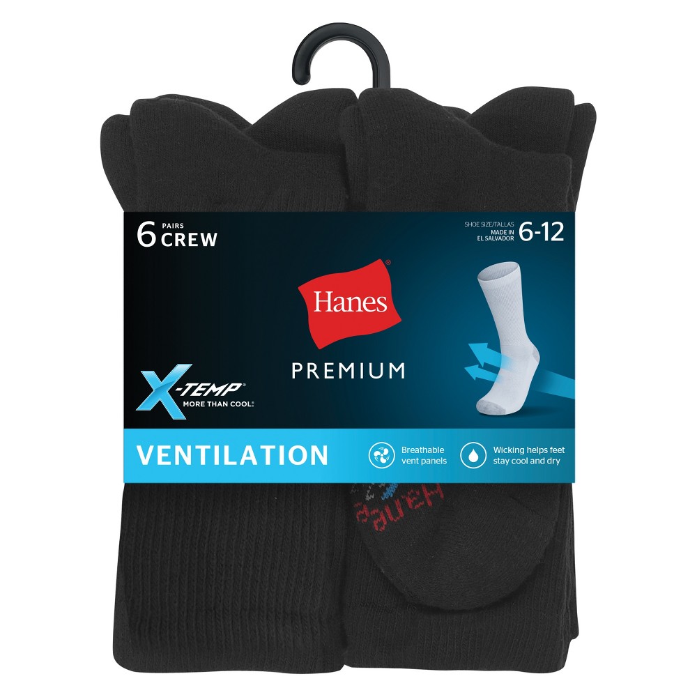 Hanes Premium X-temp Cool Men's 6pk Crew Socks - Black 6-12