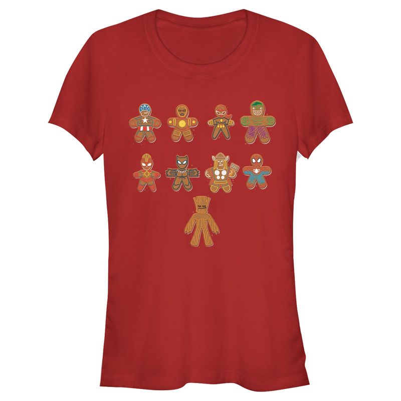 Juniors Womens Marvel Christmas Gingerbread Cookie Avengers T-Shirt, 1 of 4