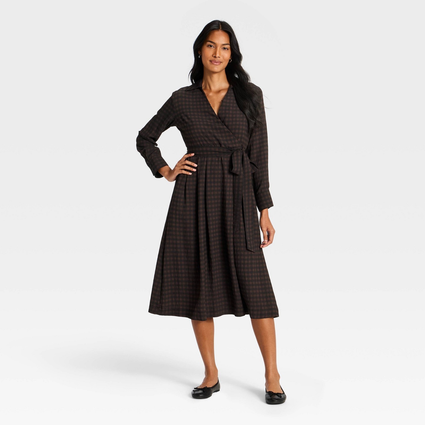 Женское платье A New Day Long Sleeve Tie-Waist Midi, цвет: Коричневый — фото 3