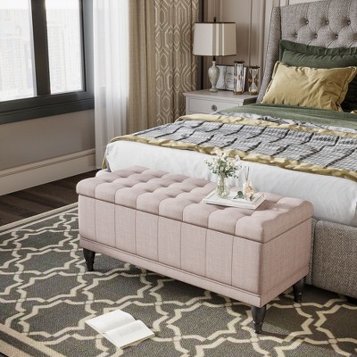 Beige Linen Tufted Storage Ottoman Bench with Hardwood Legs