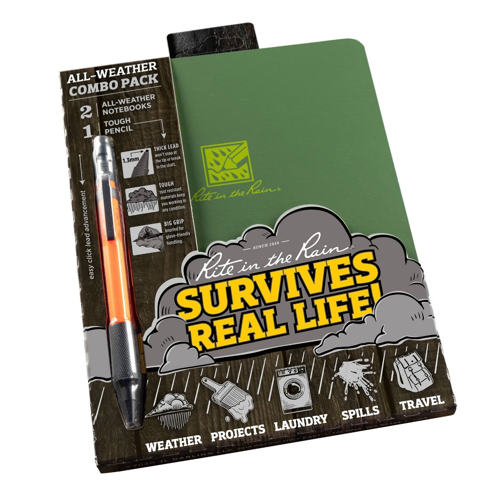 Green Stapled Notebook And Orange Mechanical Pencil Set Rite In The Rain