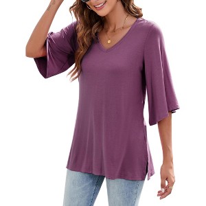 Women's 3/4 Bell Sleeve V Neck Loose Fit Tunic Tops - 1 of 4