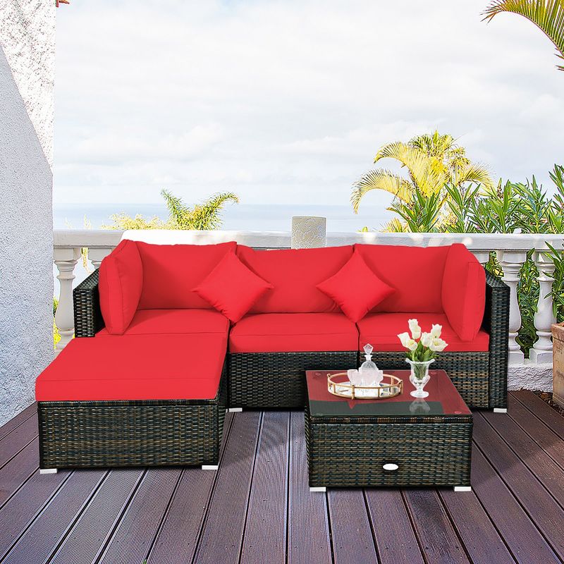 Costway 5PCS Outdoor Patio Rattan Furniture Set Sectional Conversation W/Red Cushions, 5 of 9