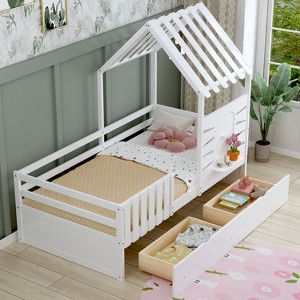 Twin Size House Bed for Kids, Twin Bed with Rails and 2 Storage Drawers, Wooden Playhouse Beds with Roof and Window - 1 of 4