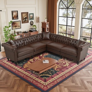 GDFStudio Ellerslie 99.4"W  Faux Leather L-Shaped Chesterfield Sofa with Rolled Arms and Nailhead - 1 of 4