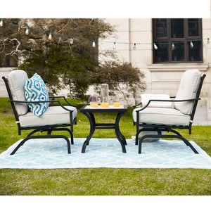 3pc Striped Steel Frame Patio Seating Sets Cream - Lokatse: Outdoor Conversation Set with Rocking Chairs & Accent Table - 1 of 4