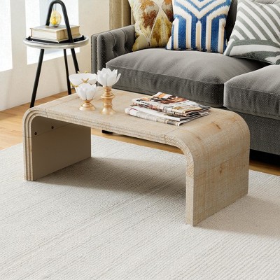 Mshliw 47.2'' Curved Coffee Table with Art Deco Grooves, MDF Body and Fir Veneer for Living Room or Dining Area, Dining Table