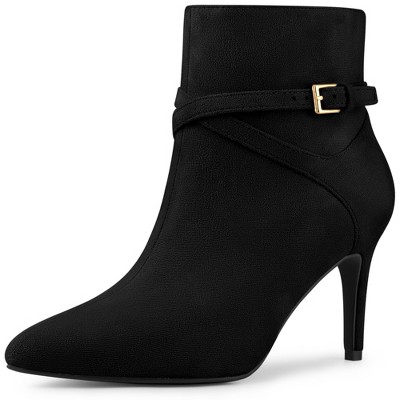 Allegra K Women's Pointy Toe Buckle Cross Straps Stiletto Heel Ankle Boots