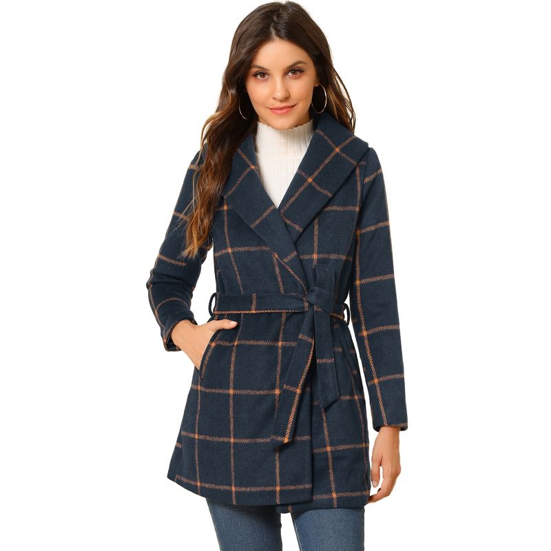 Allegra K Women's Shawl Collar Check Belted Wrap Plaid Coat with Pockets, 1 of 7