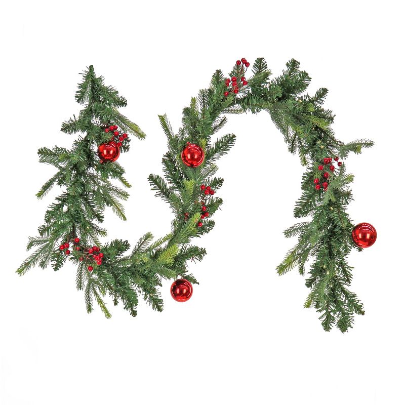 National Tree Company First Traditions Pre-Lit Christmas Garland with Red Ornaments and Berries, Warm White LED Lights, Battery Operated, 6 ft, 1 of 6