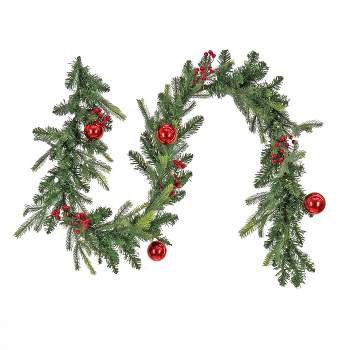National Tree Company First Traditions Pre-Lit Christmas Garland with Red Ornaments and Berries, Warm White LED Lights, Battery Operated, 6 ft