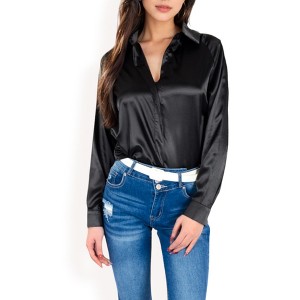 Anna-Kaci Women's Satin Button-Up Blouse with Collared Neck and Long Sleeves - 1 of 4