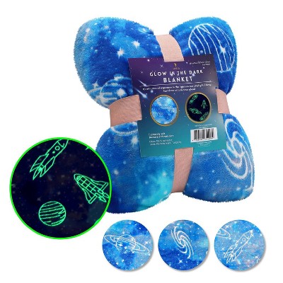 Vudeco Glow in The Dark Kids' Blanket Blue Space: 50x60 Inches, Midweight Microfiber, Spaceship Pattern, Machine Washable