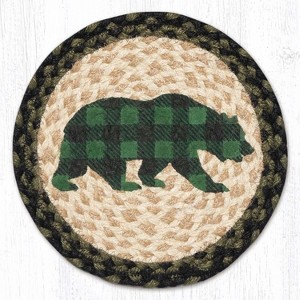 Earth Rugs Green Plaid Bear Printed Round Jute Trivet – 10" Rustic Cabin Accent with Heat-Resistant Braided Natural Design - 1 of 3
