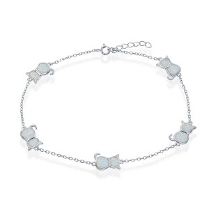 Opalata Sterling Silver Opal Cat Anklet - White Opal - White - 9+1 Inch - 1 of 2