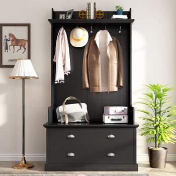 38.5"w Hallway Coat Rack with 5 Metal Hooks and 2 Large Drawers, Decorative Storage Cabinet - Maison Boucle