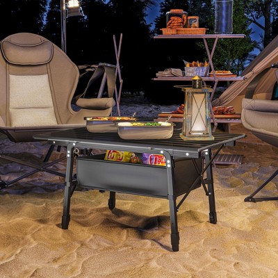 Adjustable Height Black Aluminum Folding Camping Table with Storage Bag