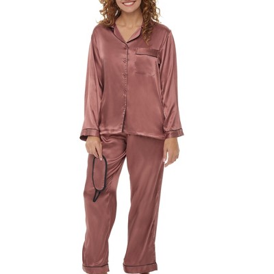 ADR Women's Satin Pajamas Set, Button Down Long Sleeve Top and Pants with Pockets, Silk like PJs with Matching Sleep Mask