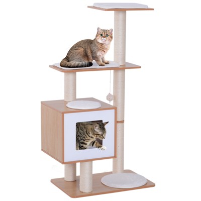 Pawhut 47” Modern Cat Tree Multi-level Scratching Post With Cube Cave ...