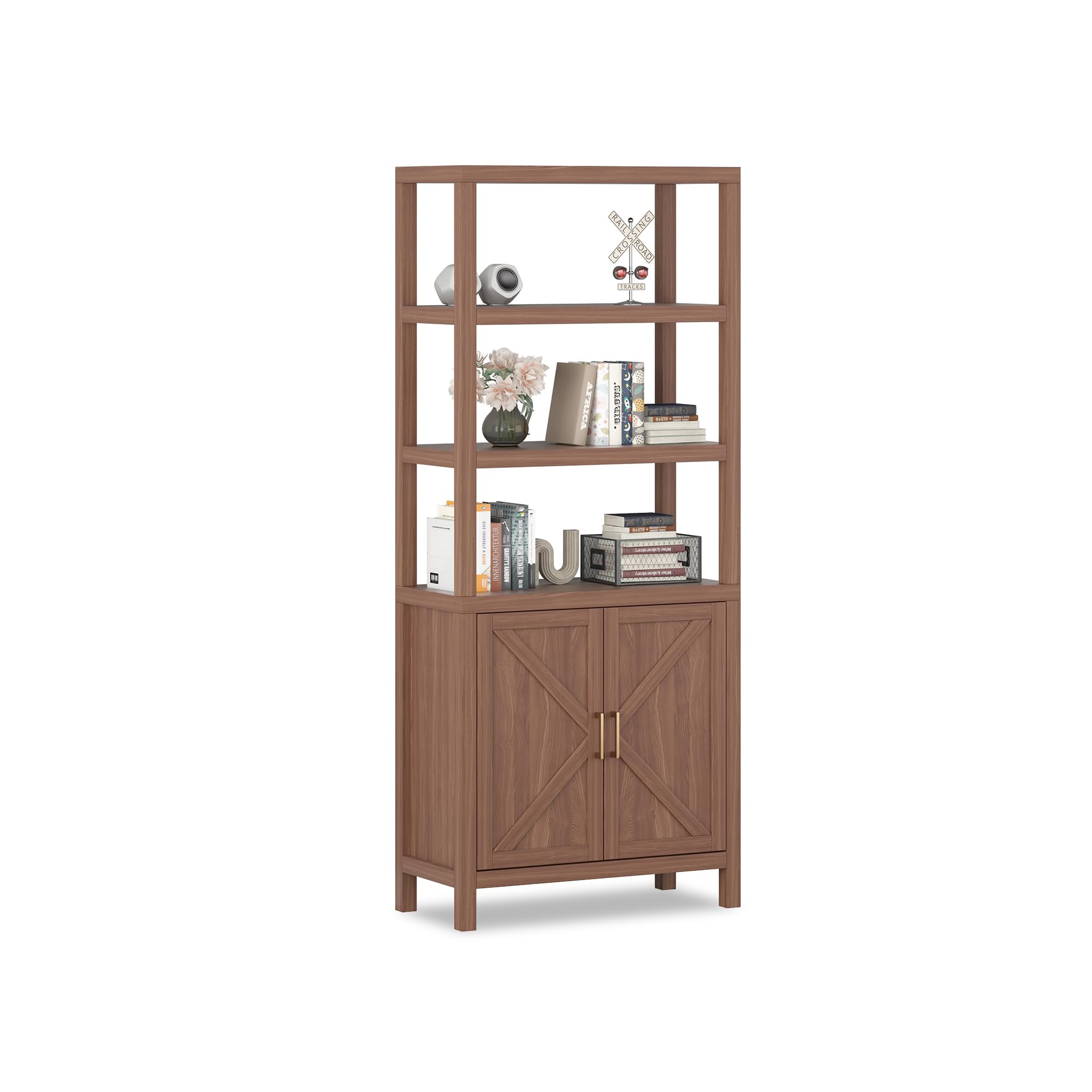 GustoWave Tier Bookshelf with Drawer, Large Farmhouse Display Book Shelf with Adjustable Shelves and Storage Cabinet, Library Wood Bookshelves,Brown