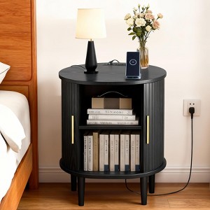 1PC/2PCS Multifunction Fluted Side Table with Charging Hub Sliding Door, Accent End Table with Adjustable Storage Mid Century Modern  for Small Space - 1 of 4