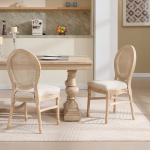 Set of 2 French Rustic Upholstered Dining Chairs with Round Rattan Back, Farmhouse Solid Wood Armless Kitchen Chairs for Dining Room-Panipeachy - 1 of 4