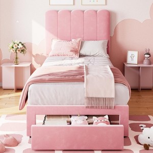 Twin Bed Frame with Storage Drawer and Headboard, Velvet/Boucle Upholstered Twin Platform Bed Frame for Girls - 1 of 4