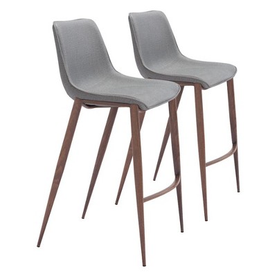 Zuo Modern Magnus Barstool 43.3" H Slate Gray Faux Leather with Walnut Legs, Modern, Set of 2
