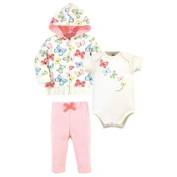 Touched by Nature Baby and Toddler Girl Organic Cotton Hoodie, Bodysuit or Tee Top, and Pant, Butterflies
