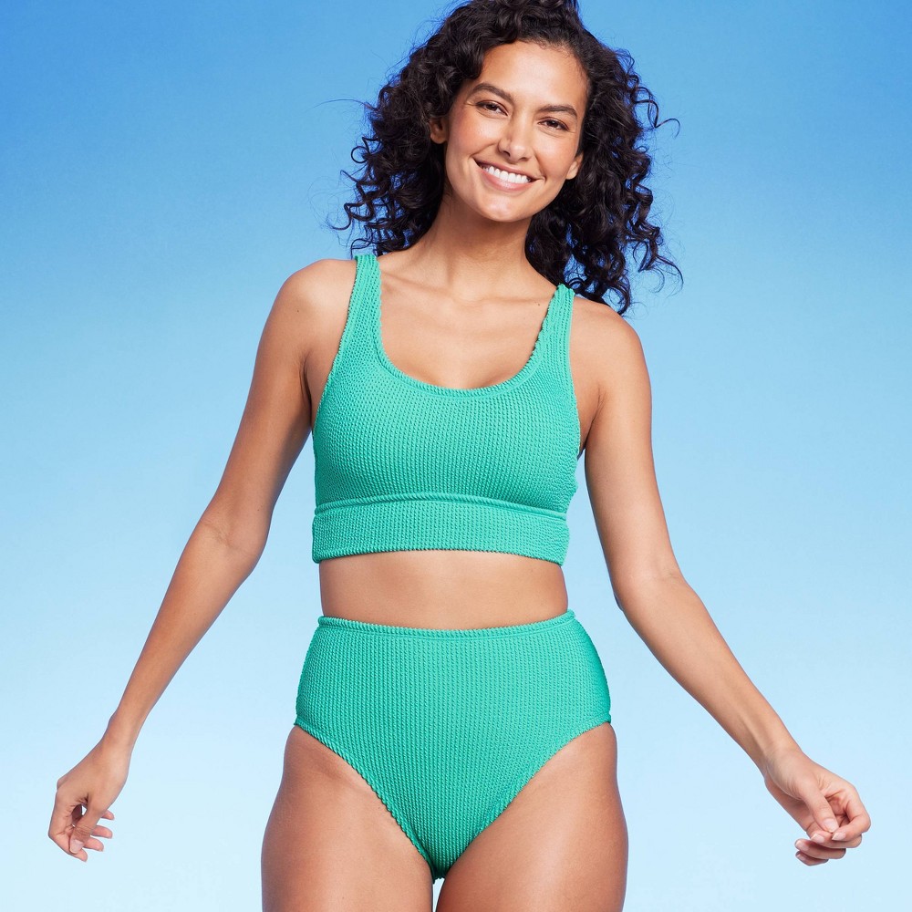 Photos - Swimwear Women's Pucker Textured Scoop Neck Longline Bikini Top - Kona Sol™ Turquoi