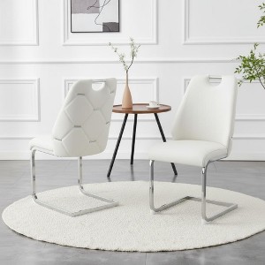 Gulches White Faux Leather Dining Chairs Set of 2, High Back Upholstered Chairs with Gold Mesh Texture, Silver Back Ring & Chrome Pull Handle - 1 of 4