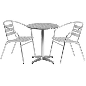 Emma and Oliver 23.5" Round Aluminum Table Set with 2 Slat Back Chairs - 1 of 4