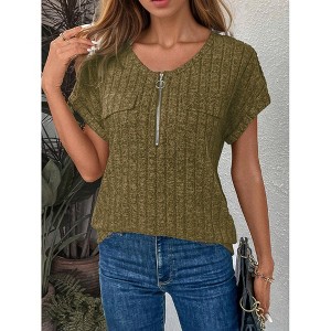 Women's Relaxed Fit Short Sleeve Top - Zip Front Soft Drape Shirt  Casual Pullover for Daily Wear - 1 of 4