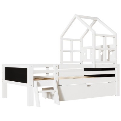 Bellemave Twin Size House Bed with Ladder and Storage Drawers for Kid Bedroom,Solid Wood Platfrom Bedframe with 2 Blackboard Design,White