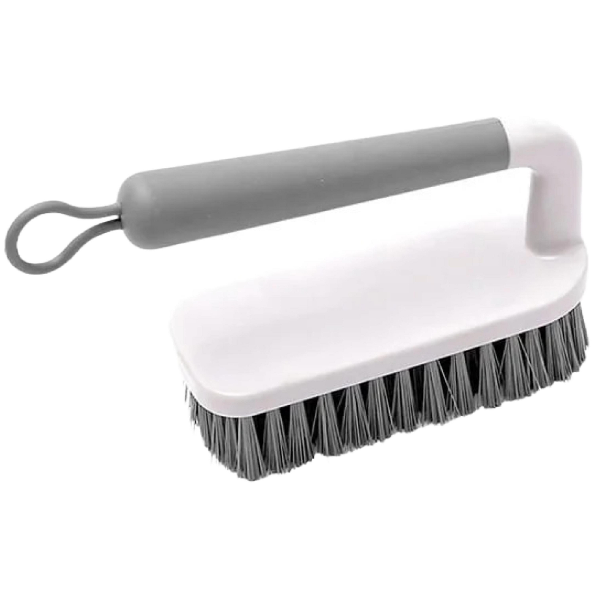 OU Scrub Brush with Ergonomic Handle, All Purpose Heavy Duty Cleaning Scrubber for Bathroom & Kitchen with Nonslip Handle, Scraper Edge & Hanging Loop