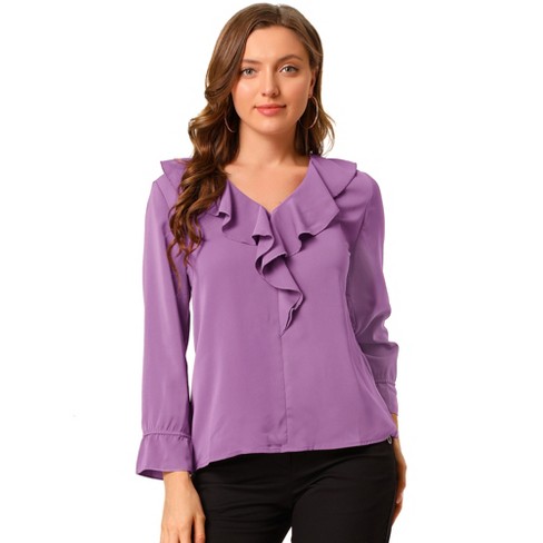 Allegra K Women's Office Work Ruffle V Long Sleeve Neck Chiffon Peasant  Blouse Purple X-small : Target