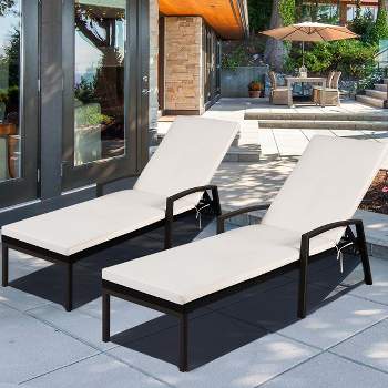 Tangkula 2PCS Outdoor Lounge Patio Wicker Rattan Recliner Furniture W/ Cushion