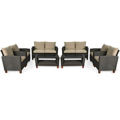 Tangkula 8PCS Cushioned Rattan Conversation Set w/ Coffee Table Patio Outdoor