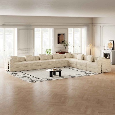 8 Seater Folding Sofa Bed for Living Room or Bedroom, Convertible Sofa with Cushions and Storage Pockets, Corduroy Fabric Sofa-Coolbibila