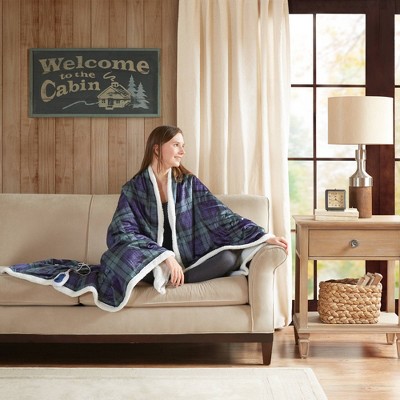 60" x 70" Blue Green Plaid Electric Heated Throw Blanket