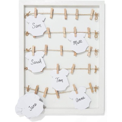Image of Blue Panda Wood Frame Baby Shower Guest Book Signature with 24 Set Wood Clothespins & Die Cut Cards