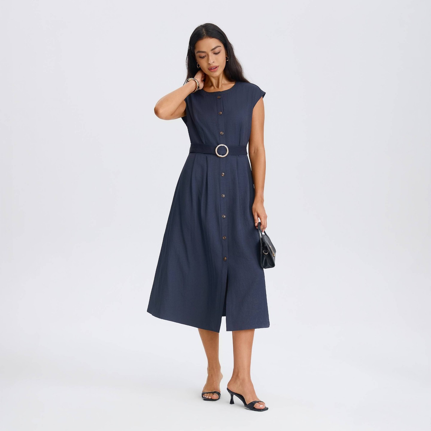 Женское платье A New Day Cap Sleeve Belted Button-Down Midi Shirtdress, цвет: Тёмно-синий — фото 1