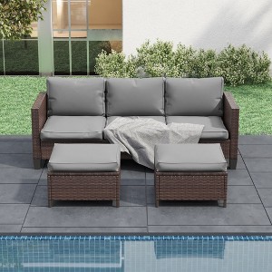 Sonkuki 3-Seater Patio Sofa Set Brown/Gray Rattan with Ottomans - 1 of 4